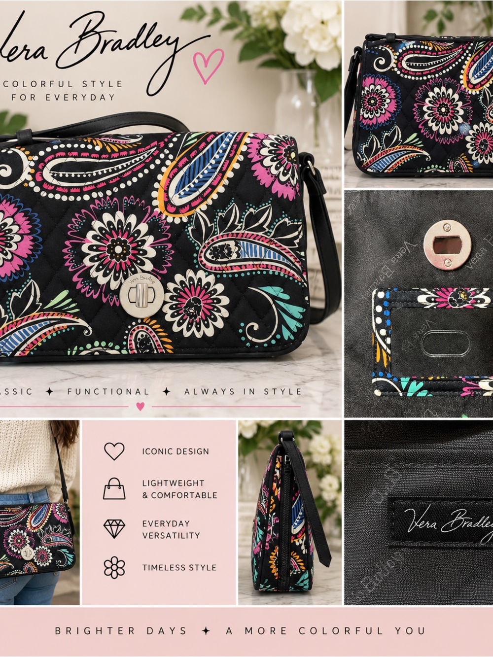 Vera Bradley Black Paisley Quilted Crossbody Bag